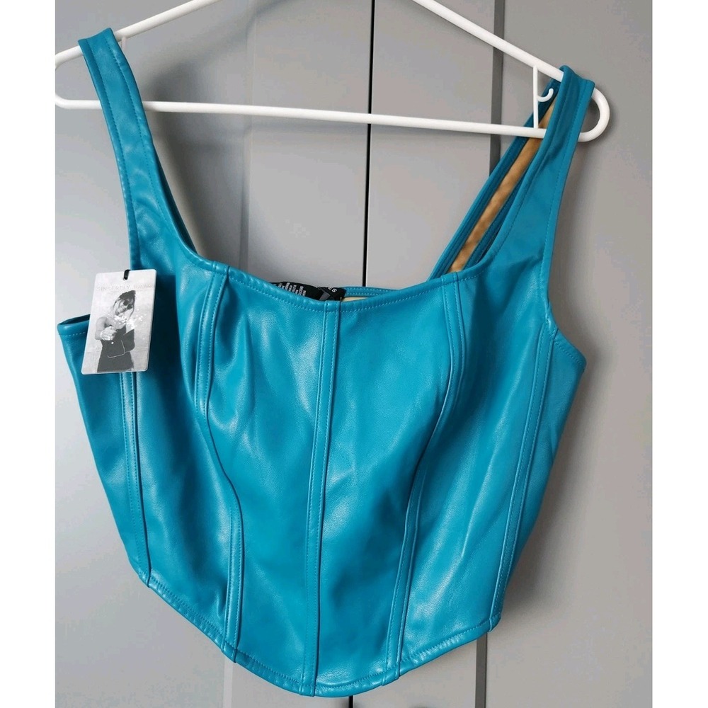 New Sincerely Jules Corset Crop Top Womens Teal Faux Leather Festival L NWT